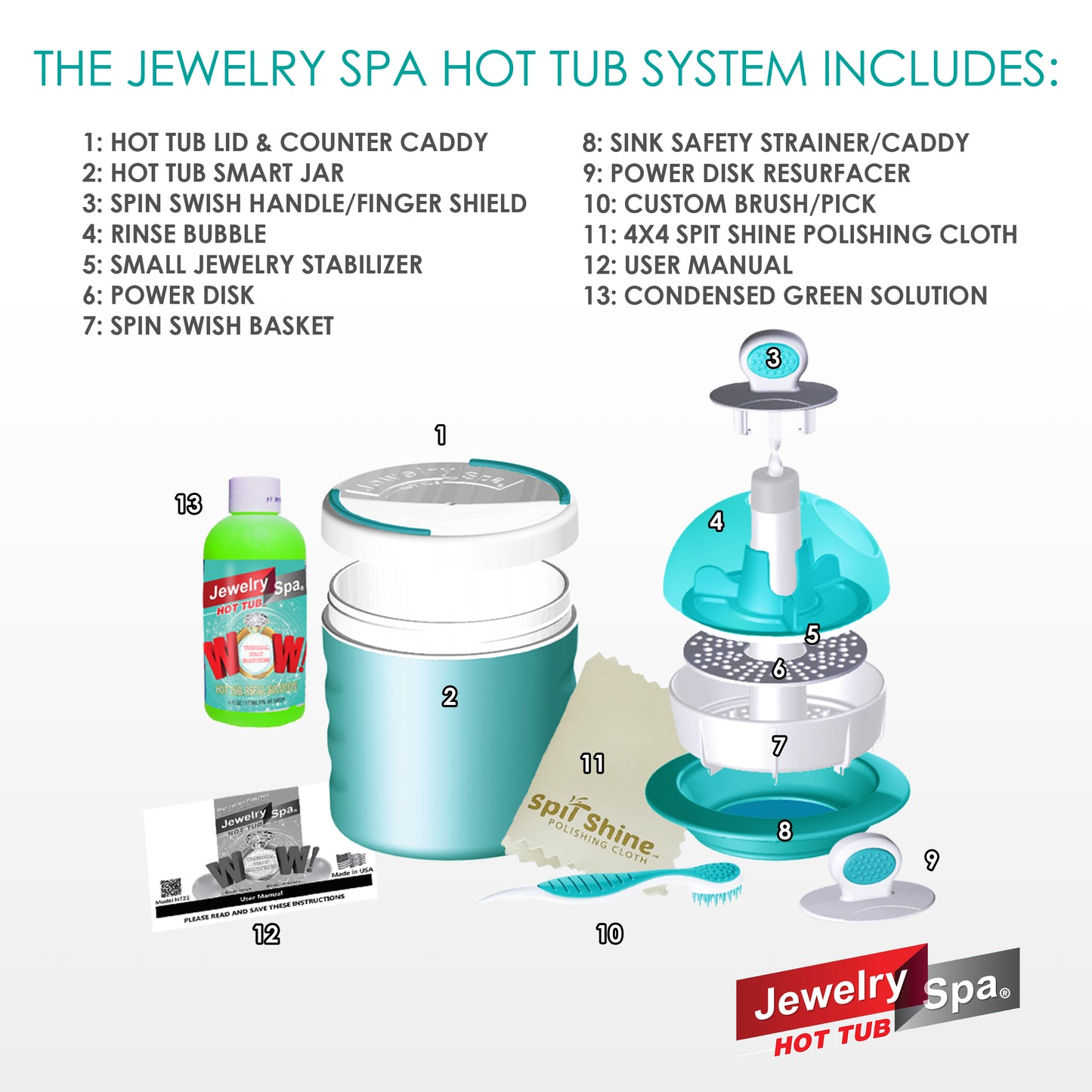 Jewelry Spa Hot Tub Cleaning Kit - Naturally-Based Cleaner That Removes Tarnish, Germs, Odor